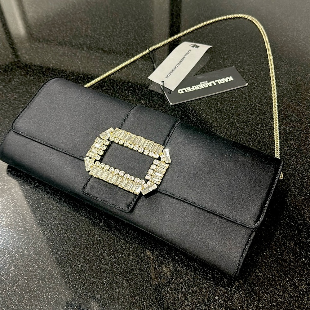 Karl Lagerfeld Black Satin Clutch Evening Bag 💎